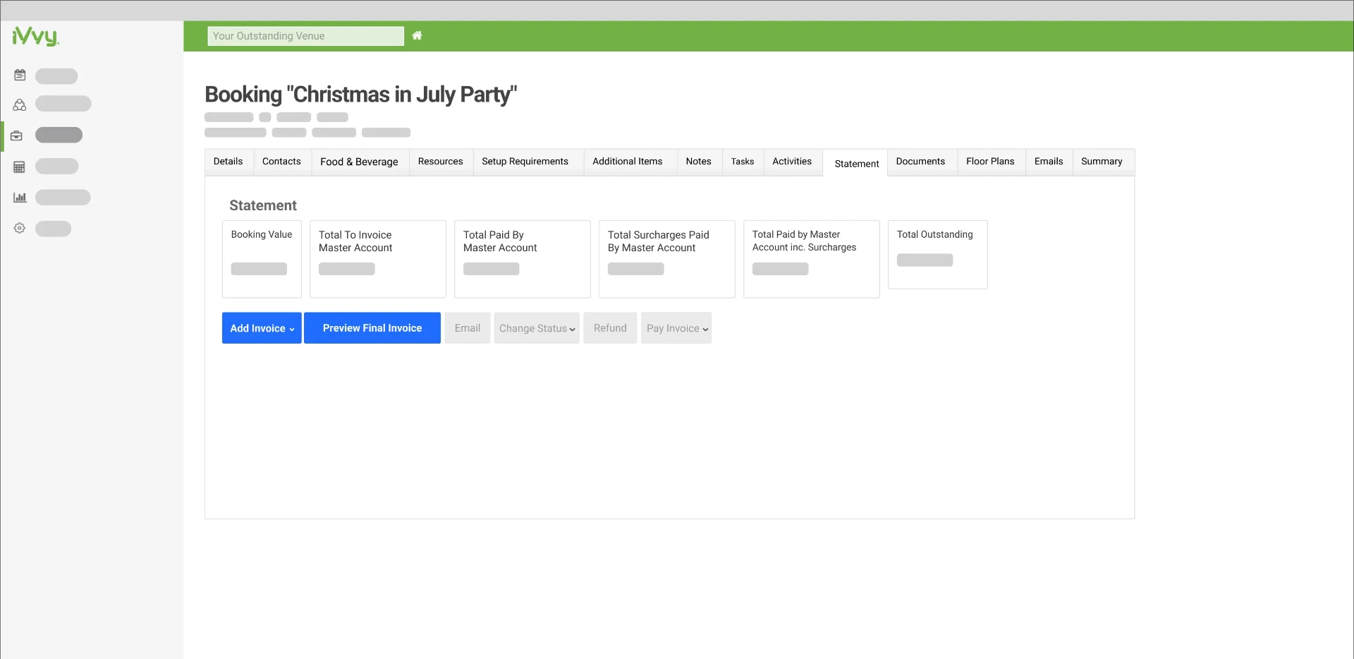 iVvy booking statement showing invoices, payments and outstanding balances