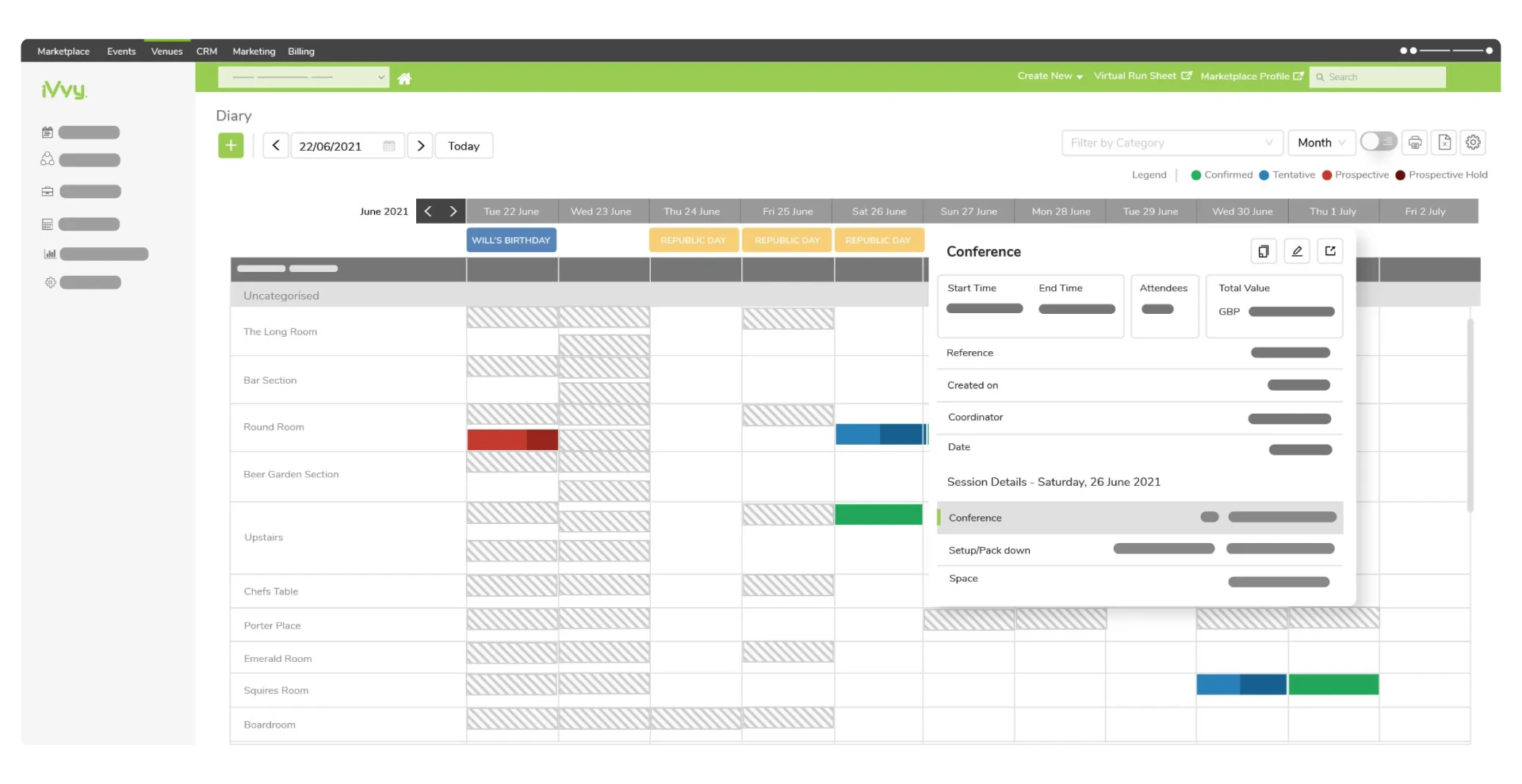 iVvy diary calendar showing venue bookings, room schedule and conference session details