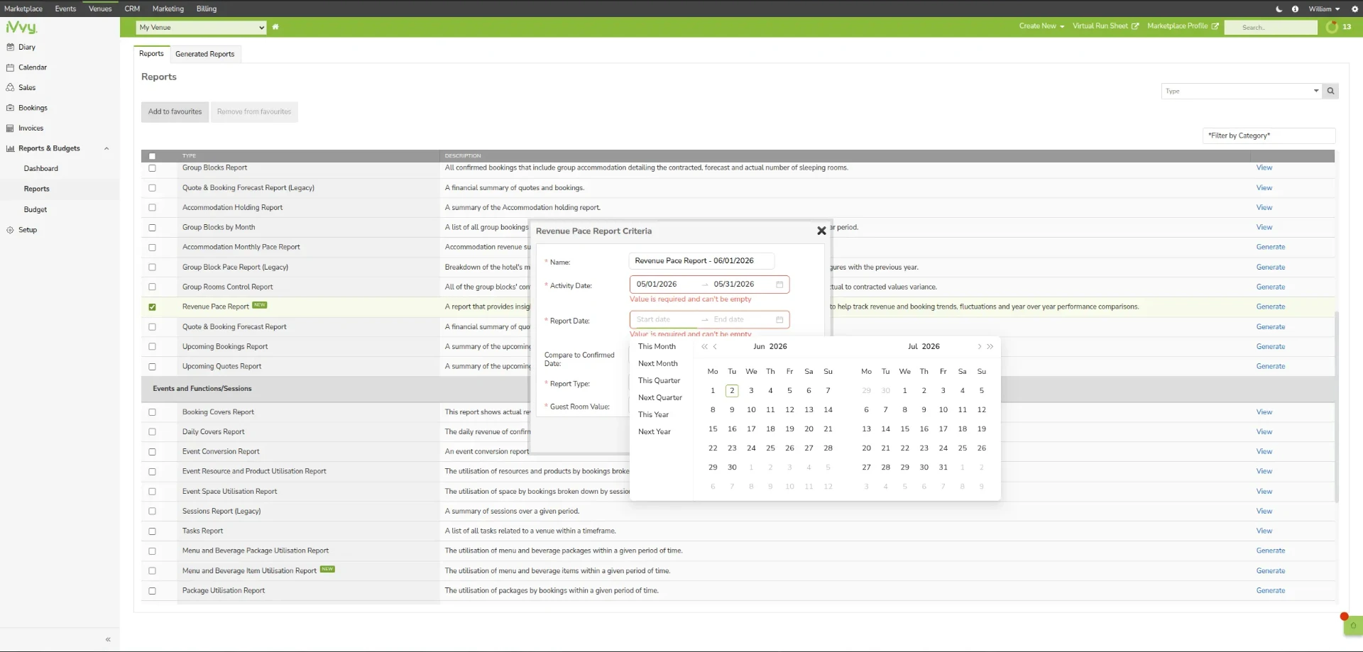 iVvy revenue pace report criteria and reporting dashboard