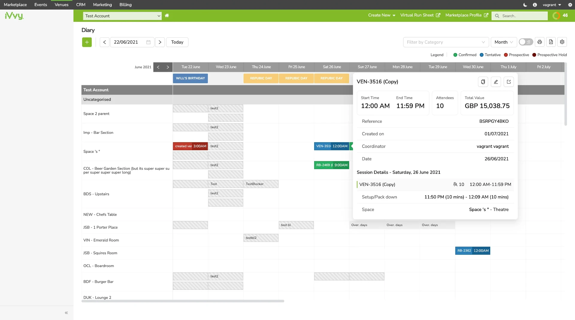 iVvy diary showing venue space bookings and event enquiry details