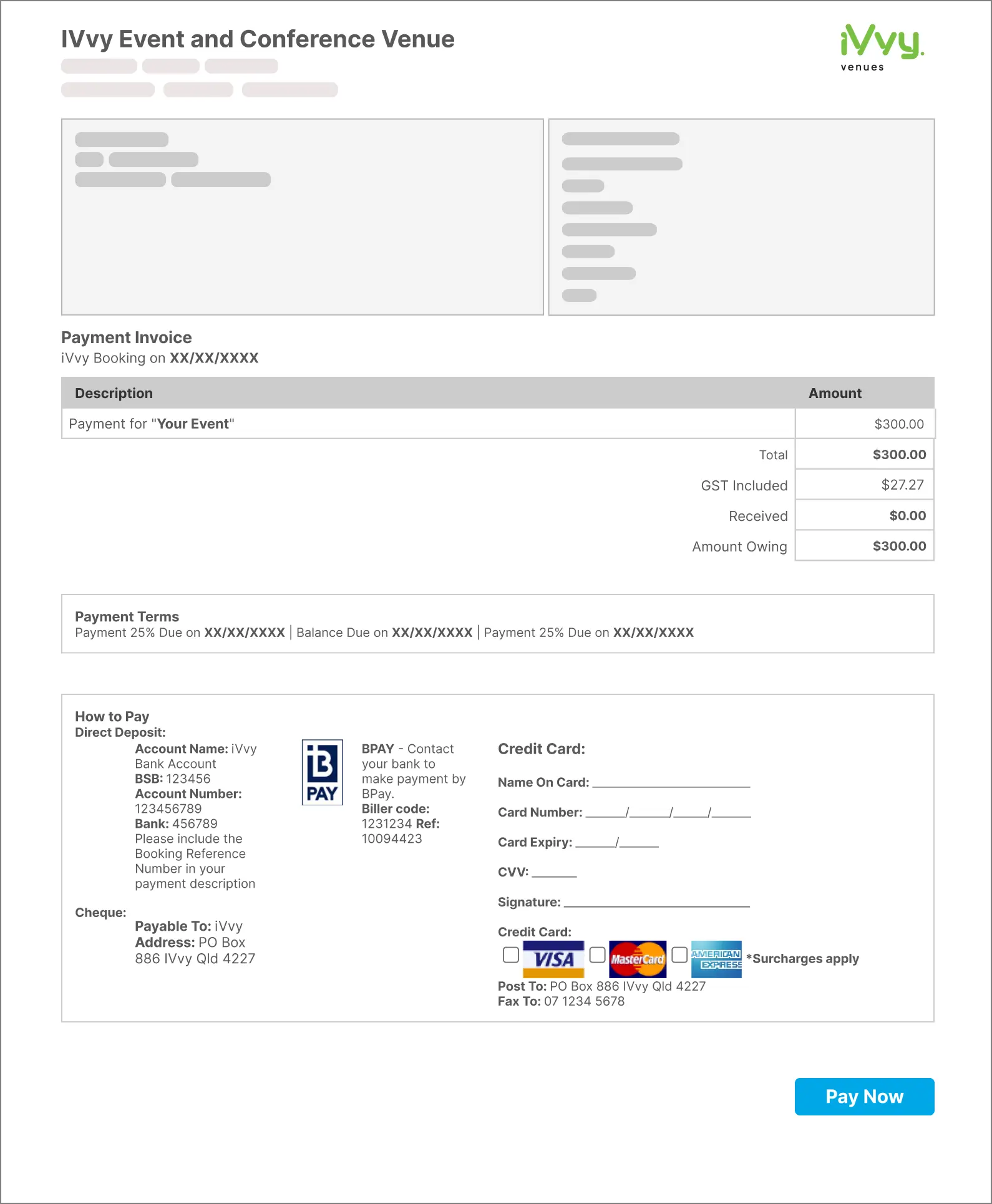iVvy venue payment invoice with payment terms and pay now option
